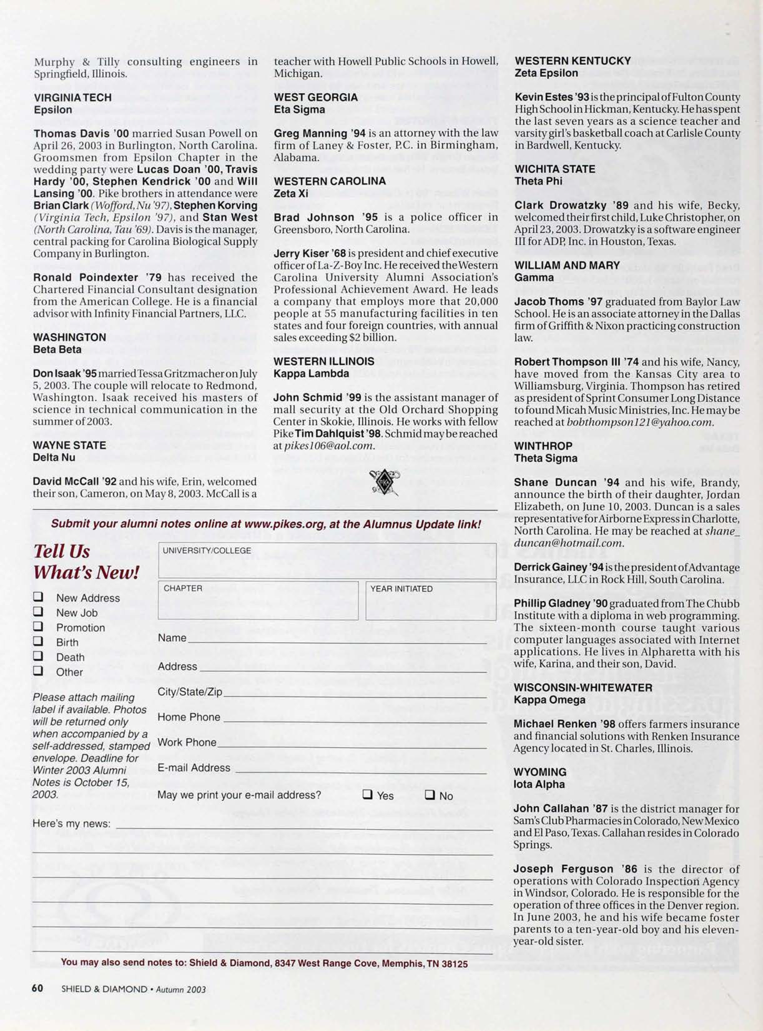 Tell Us What's New! Form, Autumn 2003